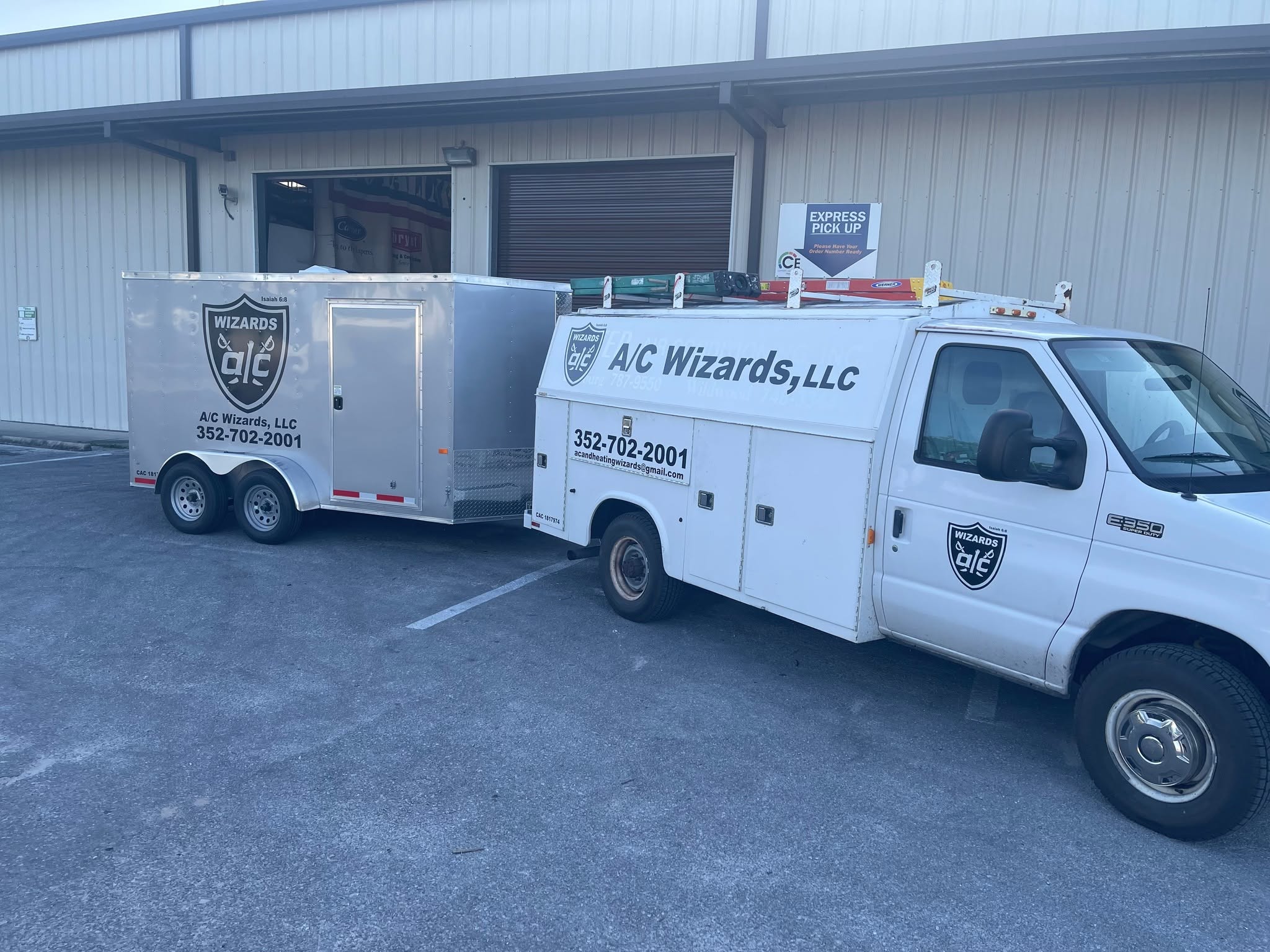 The A/C Wizards service truck and branded trailer outside a Carrier equipment supplier